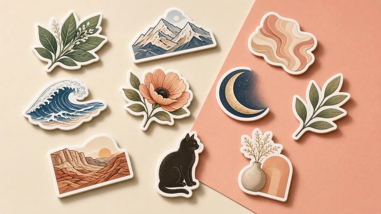 Photorealistic collage of custom vinyl stickers across notebooks, bottles, glass, and laptop