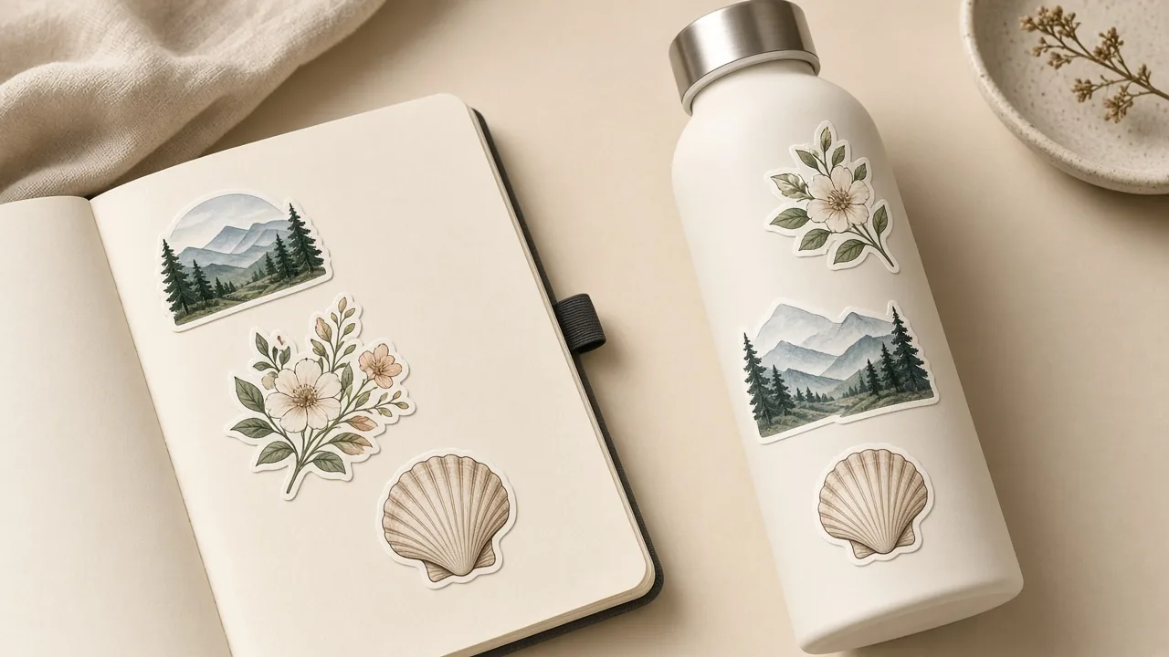 Die-cut vinyl stickers on cream notebook and matte water bottle
