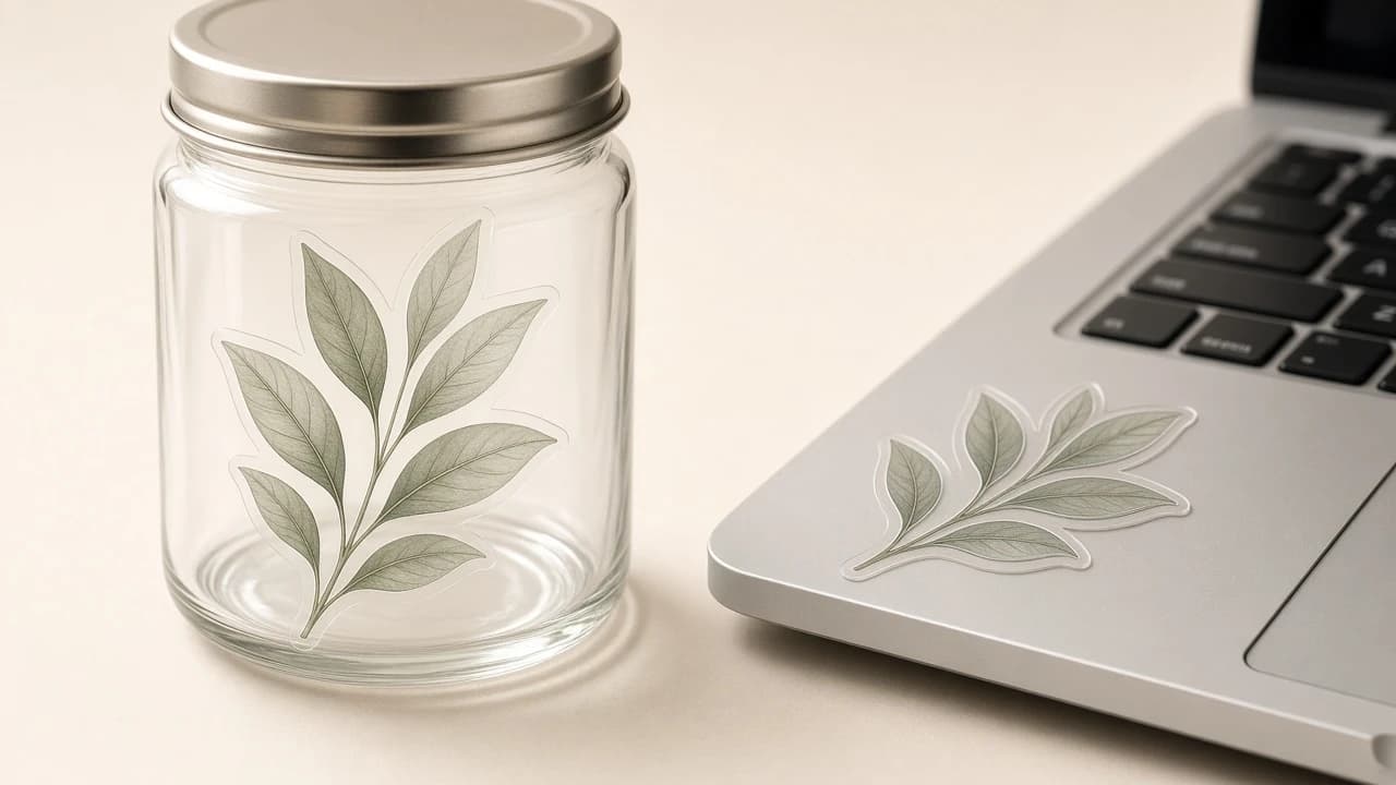 Clear botanical stickers on glass jar and laptop