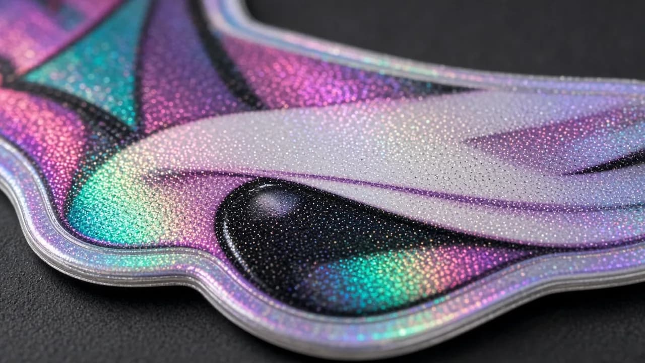 Macro close-up of holographic vinyl with rainbow iridescent sheen